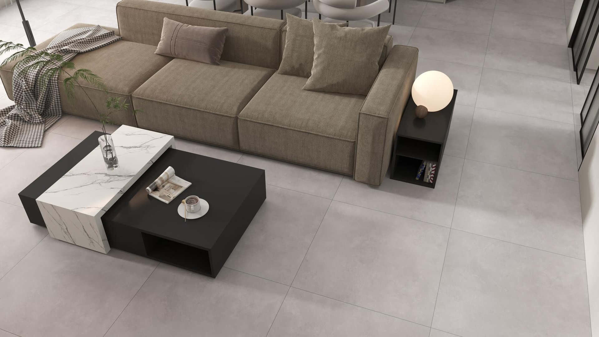 Salón con azulejos imitación cemento